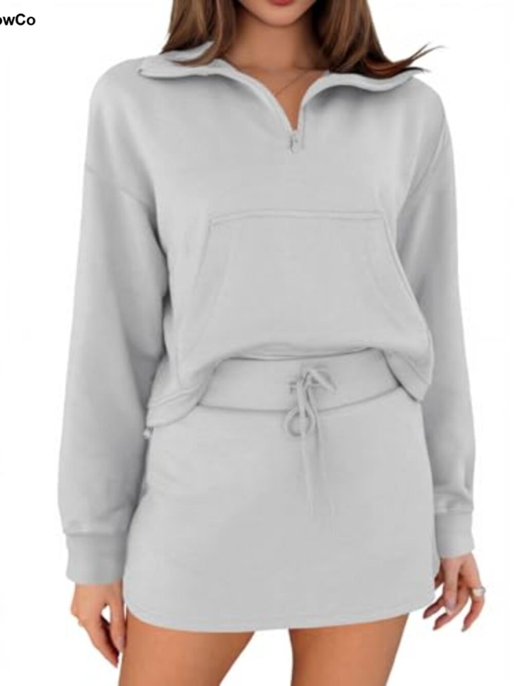 2 Piece Sweatsuit Quarter Zip Cropped Sweatshirt High Waisted Skorts Lounge Set